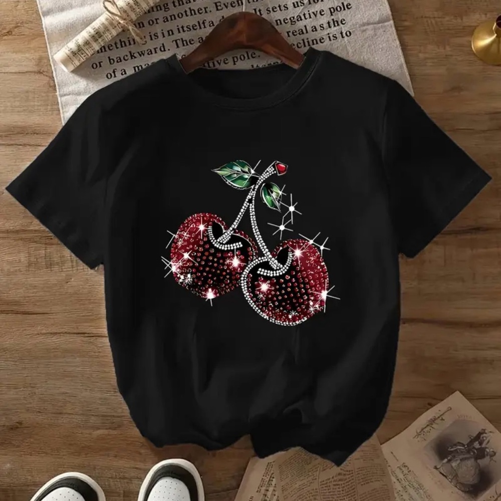 NWT Y2K Rhinestone Cherry Black Graphic Tee Bling Crystal Studded Top L Large